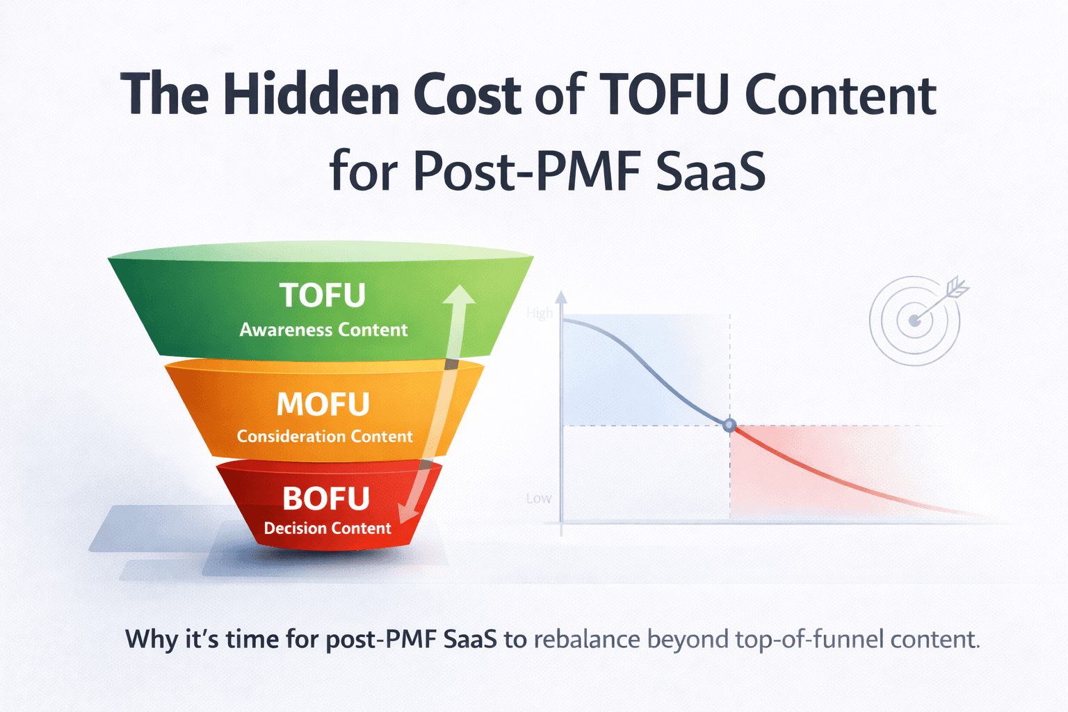 Featured image showing a B2B SaaS content funnel with TOFU (green, awareness content), MOFU (orange, consideration content), and BOFU (red, decision content) stages. A diminishing returns curve is shown to the right, illustrating why top-of-funnel content has decreasing impact post-PMF. White background, professional design for post-PMF SaaS content strategy article.